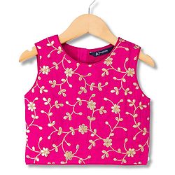 Pine Kids Woven Sleeveless Floral Embroidered Choli & Lehenga Set With Dupatta - Dark Pink