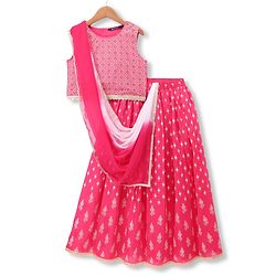 Pine Kids Woven Sleeveless Printed Choli & Lehenga Set With Dupatta - Dark Pink