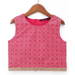 Pine Kids Woven Sleeveless Printed Choli & Lehenga Set With Dupatta - Dark Pink
