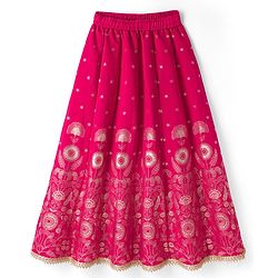 Pine Kids Woven Sleeveless Lehenga Choli and Dupatta with Full Length and Floral Vines Embroidery in Dark Pink for 4-5 Years