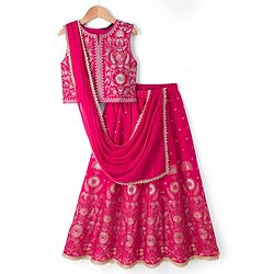 Pine Kids Woven Sleeveless Lehenga Choli and Dupatta with Full Length and Floral Vines Embroidery in Dark Pink for 4-5 Years