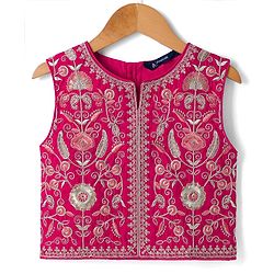 Pine Kids Woven Sleeveless Lehenga Choli and Dupatta with Full Length and Floral Vines Embroidery in Dark Pink for 4-5 Years