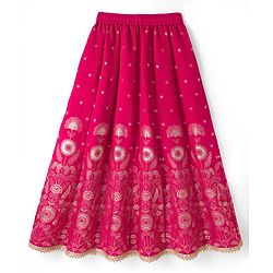 Pine Kids Woven Sleeveless Lehenga Choli and Dupatta with Full Length and Floral Vines Embroidery in Dark Pink for 4-5 Years