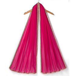 Pine Kids Woven Sleeveless Lehenga Choli and Dupatta with Full Length and Floral Vines Embroidery in Dark Pink for 4-5 Years