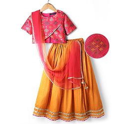 Pine Kids Woven Half Sleeves Choli & Lehenga Set with Geometric Print - Light Red & Orange