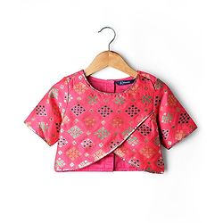 Pine Kids Woven Half Sleeves Choli & Lehenga Set with Geometric Print - Light Red & Orange