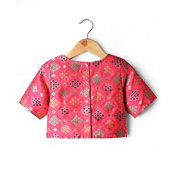 Pine Kids Woven Half Sleeves Choli & Lehenga Set with Geometric Print - Light Red & Orange