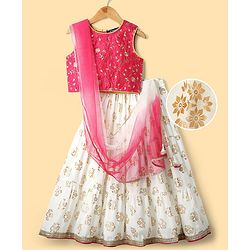 Pine Kids Woven Sleeveless Floral Embroidered & Foil Printed Lehenga Choli Set With Dupatta - Pink