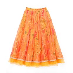 Pine Kids Woven Half Sleeves Floral Embroidery & Lehariya Print Lehenga Choli With Dupatta Set - Orange