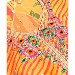 Pine Kids Woven Half Sleeves Floral Embroidery & Lehariya Print Lehenga Choli With Dupatta Set - Orange