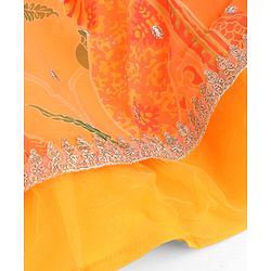Pine Kids Woven Half Sleeves Floral Embroidery & Lehariya Print Lehenga Choli With Dupatta Set - Orange