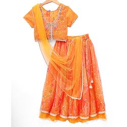 Pine Kids Woven Half Sleeves Floral Embroidery & Lehariya Print Lehenga Choli With Dupatta Set - Orange