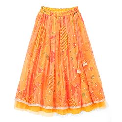 Pine Kids Woven Half Sleeves Floral Embroidery & Lehariya Print Lehenga Choli With Dupatta Set - Orange
