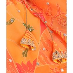 Pine Kids Woven Half Sleeves Floral Embroidery & Lehariya Print Lehenga Choli With Dupatta Set - Orange