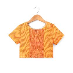 Pine Kids Woven Half Sleeves Floral Embroidery & Lehariya Print Lehenga Choli With Dupatta Set - Orange