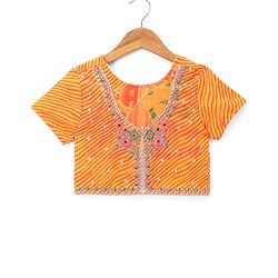 Pine Kids Woven Half Sleeves Floral Embroidery & Lehariya Print Lehenga Choli With Dupatta Set - Orange