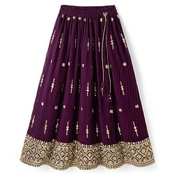 Pine Kids Woven Half Sleeves Lehenga Choli & Dupatta Set With Stone Embellishment - Wine