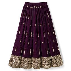 Pine Kids Woven Half Sleeves Lehenga Choli & Dupatta Set With Stone Embellishment - Wine
