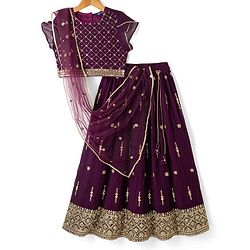 Pine Kids Woven Half Sleeves Lehenga Choli & Dupatta Set With Stone Embellishment - Wine