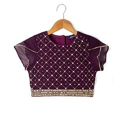 Pine Kids Woven Half Sleeves Lehenga Choli & Dupatta Set With Stone Embellishment - Wine