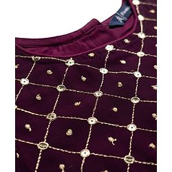 Pine Kids Woven Half Sleeves Lehenga Choli & Dupatta Set With Stone Embellishment - Wine