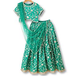 Pine Kids Woven Lehenga Choli and Dupatta Set with Half Sleeves and Floral Print - Dark Green