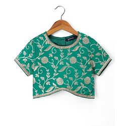 Pine Kids Woven Lehenga Choli and Dupatta Set with Half Sleeves and Floral Print - Dark Green