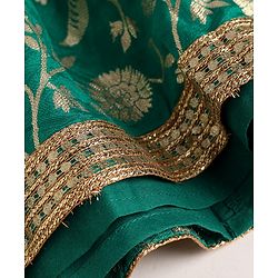 Pine Kids Woven Lehenga Choli and Dupatta Set with Half Sleeves and Floral Print - Dark Green