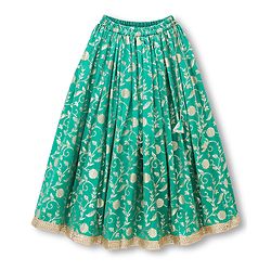 Pine Kids Woven Lehenga Choli and Dupatta Set with Half Sleeves and Floral Print - Dark Green