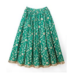 Pine Kids Woven Lehenga Choli and Dupatta Set with Half Sleeves and Floral Print - Dark Green