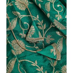 Pine Kids Woven Lehenga Choli and Dupatta Set with Half Sleeves and Floral Print - Dark Green