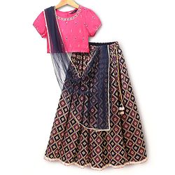 Pine Kids Woven Lehenga Choli & Dupatta with Half Sleeves and Floral Embroidery - Pink