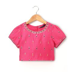 Pine Kids Woven Lehenga Choli & Dupatta with Half Sleeves and Floral Embroidery - Pink