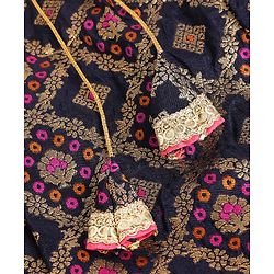 Pine Kids Woven Lehenga Choli & Dupatta with Half Sleeves and Floral Embroidery - Pink
