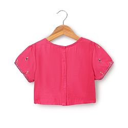 Pine Kids Woven Lehenga Choli & Dupatta with Half Sleeves and Floral Embroidery - Pink