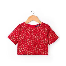 Pine Kids Woven Half Sleeves Floral Sequinned & Foil Printed Lehenga & Choli Set With Dupatta - Red & Navy Blue