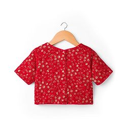 Pine Kids Woven Half Sleeves Floral Sequinned & Foil Printed Lehenga & Choli Set With Dupatta - Red & Navy Blue