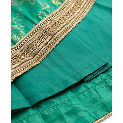 Pine Kids Woven Half Sleeves Lehenga Choli & Dupatta Set With Floral Print - Orange & Green