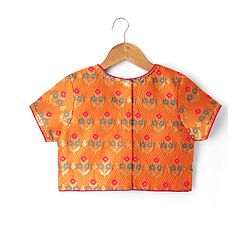 Pine Kids Woven Half Sleeves Lehenga Choli & Dupatta Set With Floral Print - Orange & Green
