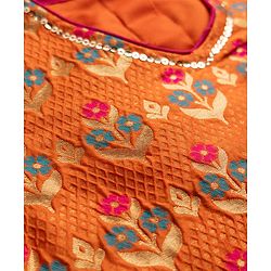 Pine Kids Woven Half Sleeves Lehenga Choli & Dupatta Set With Floral Print - Orange & Green