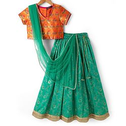 Pine Kids Woven Half Sleeves Lehenga Choli & Dupatta Set With Floral Print - Orange & Green