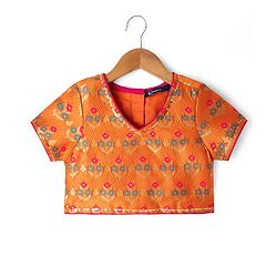 Pine Kids Woven Half Sleeves Lehenga Choli & Dupatta Set With Floral Print - Orange & Green