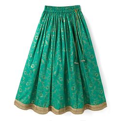 Pine Kids Woven Half Sleeves Lehenga Choli & Dupatta Set With Floral Print - Orange & Green