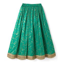 Pine Kids Woven Half Sleeves Lehenga Choli & Dupatta Set With Floral Print - Orange & Green