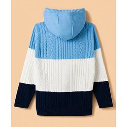 Pine Kids Knit Full Sleeves Striped Hooded Sweater With Cable Knit - Light Blue