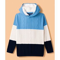 Pine Kids Knit Full Sleeves Striped Hooded Sweater With Cable Knit - Light Blue