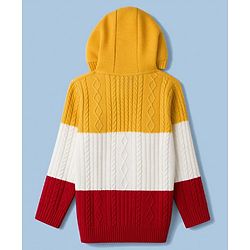 Pine Kids Knit Full Sleeves Colour Block Hooded Pullover with Cable Knit Design - Golden  White & Maroon