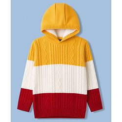 Pine Kids Knit Full Sleeves Colour Block Hooded Pullover with Cable Knit Design - Golden  White & Maroon