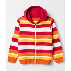 Pine Kids Knit Full Sleeves Front Open Hooded Striped Sweaters With Inner West - Red