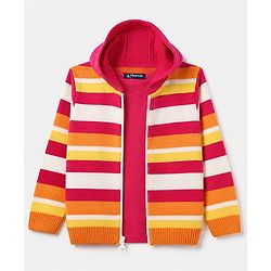 Pine Kids Knit Full Sleeves Front Open Hooded Striped Sweaters With Inner West - Red